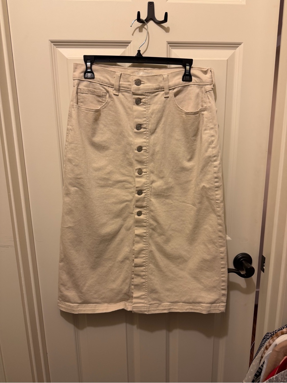 Button-Front Cream Denim Midi Skirt